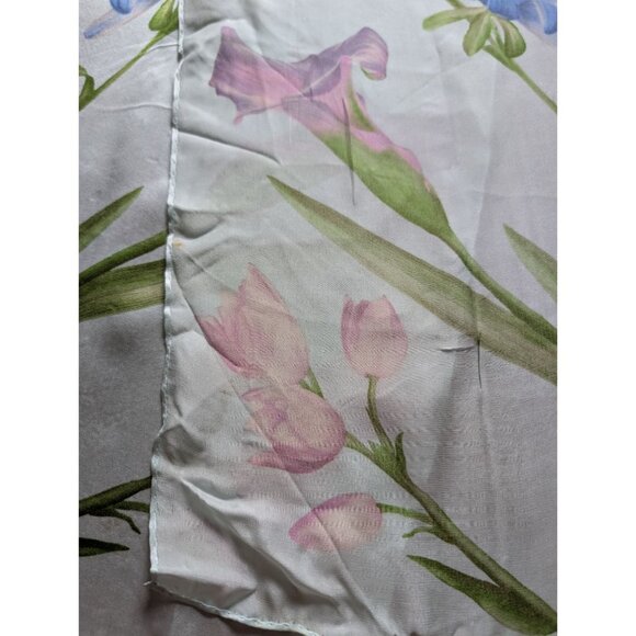 Vintage Echo Silk Floral Print Light Green Scarf Wrap With Pink & Blue Flowers - Picture 4 of 6